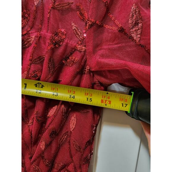 NEW! Slim Fit Evening Formal Mermaid Sheer Red Maxi Dress Sequin Leaves Sz. M - Picture 7 of 8